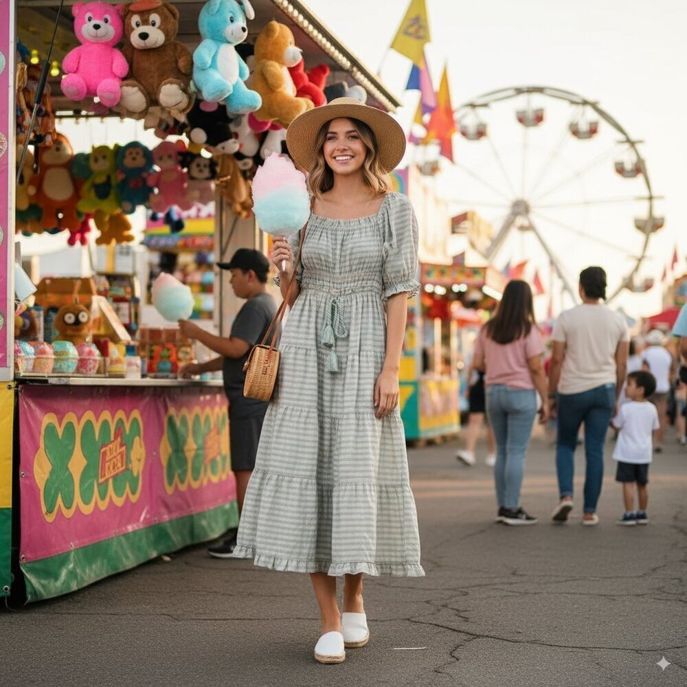 MOON RIVER Puff Sleeve Midi Dress Sage Stripe